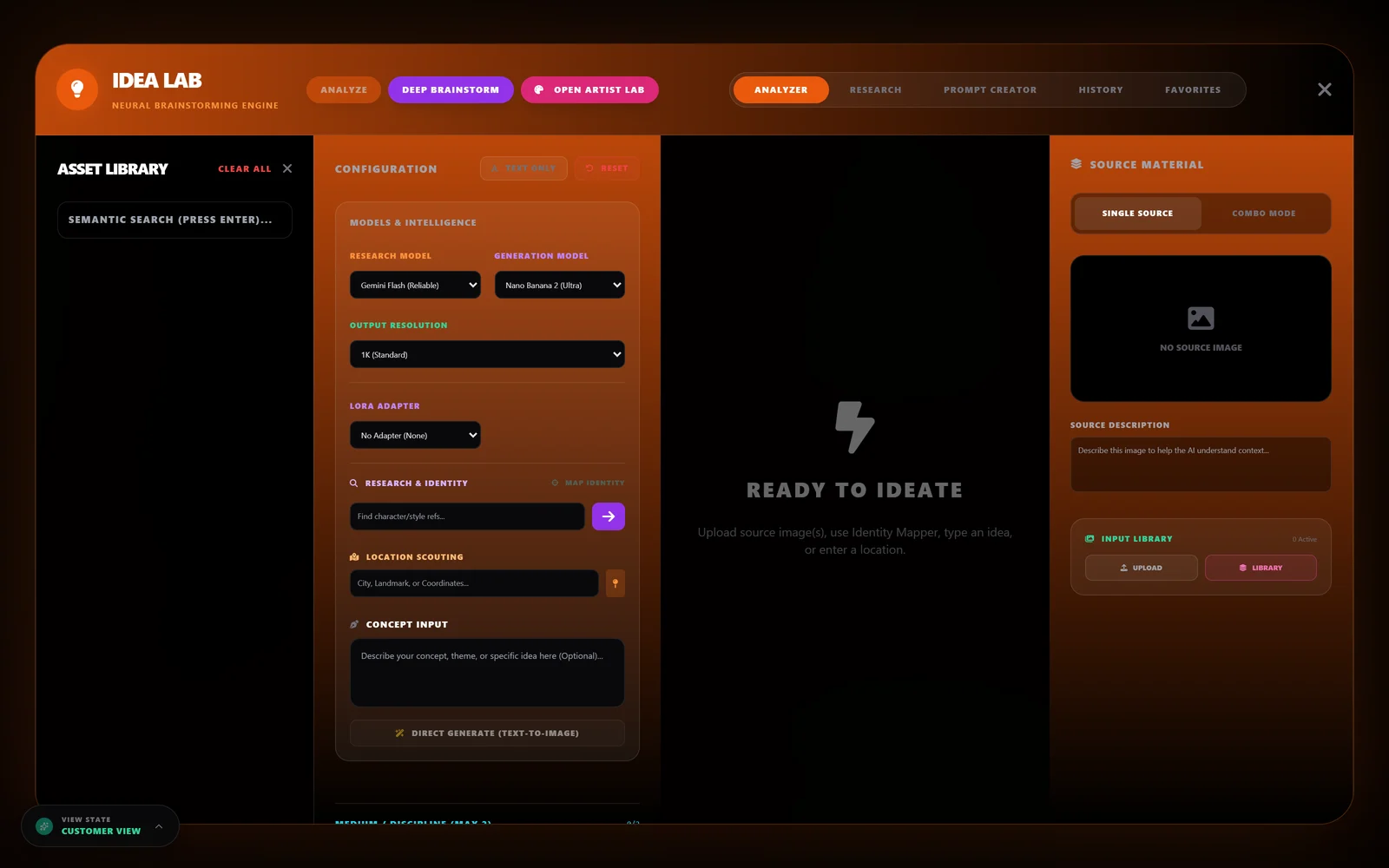 The app-container Idea Lab with Analyzer, Research, Prompt Creator, History and Favorites tabs, a research/generation model picker, a LoRA adapter selector, location scouting and concept-input fields, and an empty source-material pane reading Ready to Ideate.